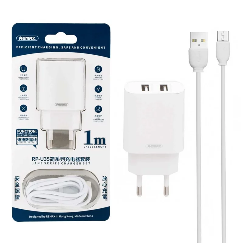 شارژر دیواری دو پورت Remax مدل RP-U35 10W به همراه کابل شارژ اندروید - سفید - تصویر 2