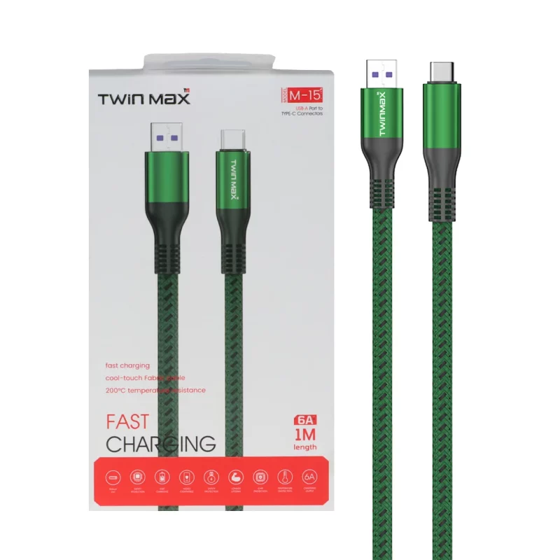 کابل شارژ فست TwinMax Type-C مدل M-15 - سبز - تصویر 2