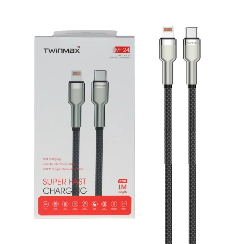 کابل شارژ فست TwinMax Type-C to Lightning مدل M-24 27W - مشکی نقره ای - تصویر 2