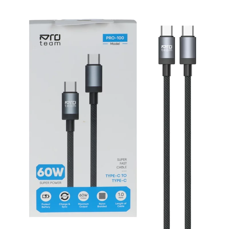 کابل شارژ فست Pro team Type-C to Type-C مدل Pro-100 60W - خاکستری - MMX - تصویر 2