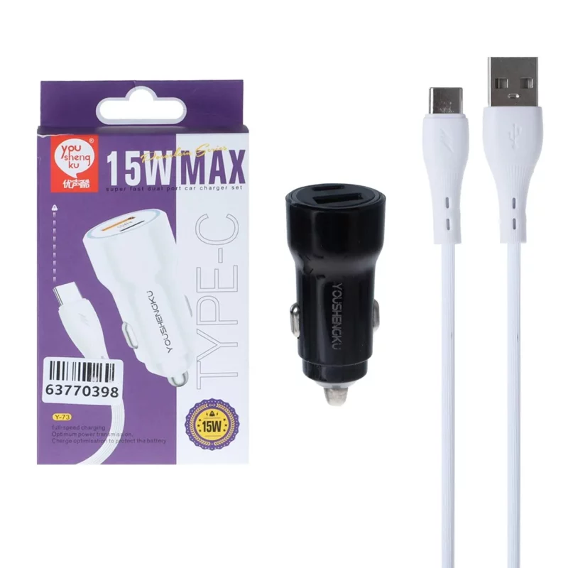 شارژر فندکی فست دو پورت You Sheng Ku مدل Y-73 15W به همراه کابل شارژ Type-C - مشکی - ASP (گارانتی شش ماهه آروین) - تصویر 2