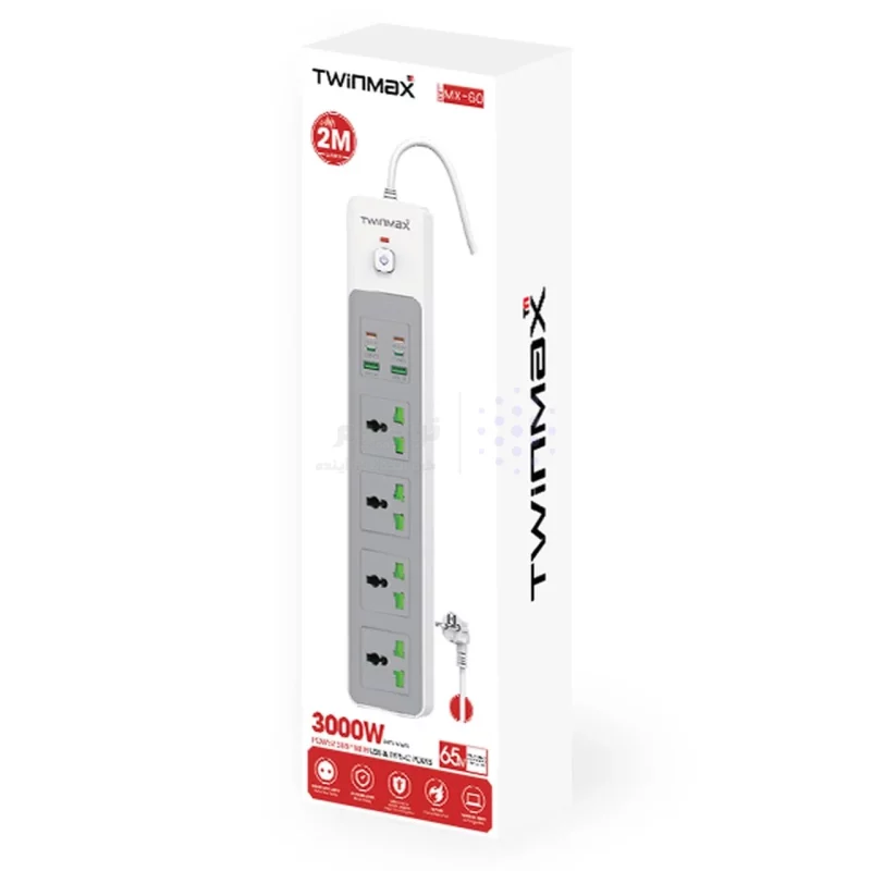 چندراهی برق 4 خانه TwinMax مدل MX-60 65W - سفید - تصویر 3