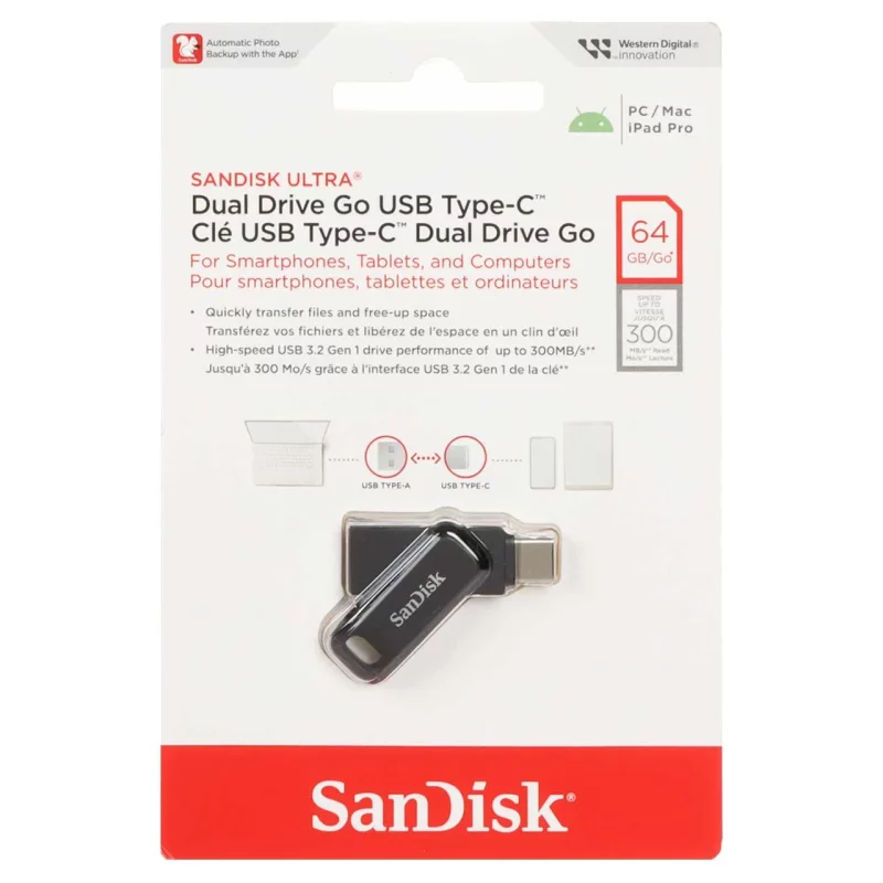 SanDisk Ultra Dual Drive Go USB Type-C USB3.2 Flash Memory (300MB/S) - 64GB (گارانتی سورین) مشکی - تصویر 2