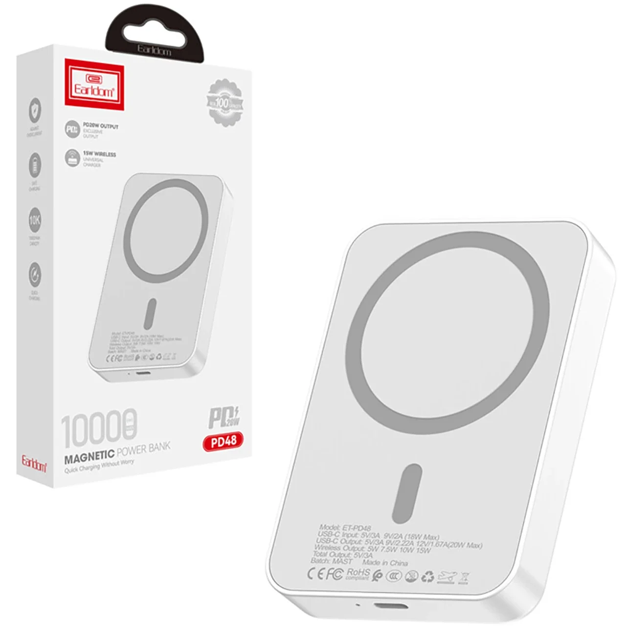 1584-1668184-1 پاوربانک PD و فست شارژ Earldom 10000mAh مدل ET-PD48 20W - سفید - تصویر 1