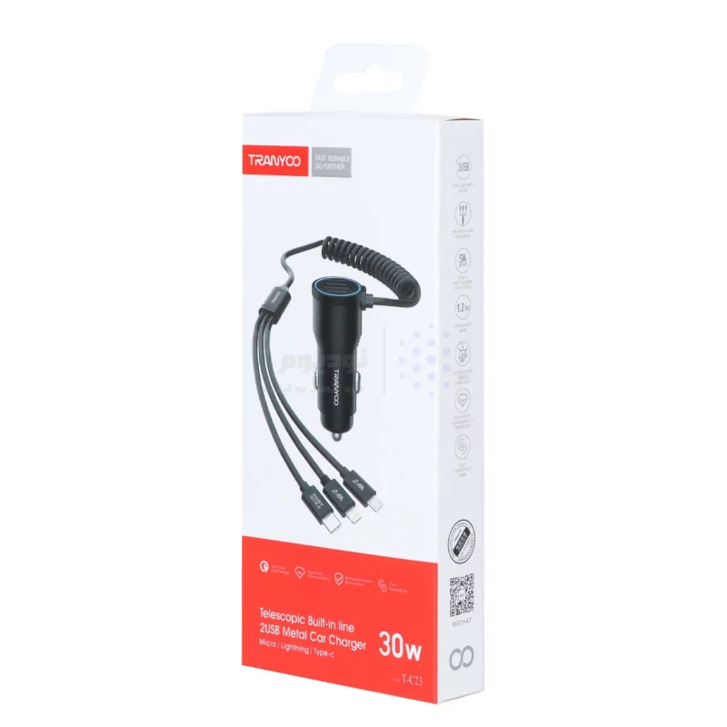 شارژر فندکی فست دو پورت Tranyoo مدل T-C23 30W بهمراه کابل متصل - مشکی - تصویر 6