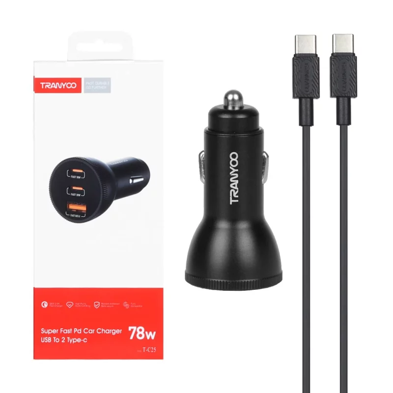 شارژر فندکی فست سه پورت Tranyoo مدل T-C25 78W به همراه کابل شارژ Type-C To Type-C - مشکی - تصویر 2