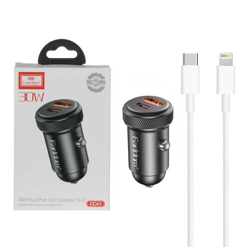 شارژر فندکی PD و فست دو پورت Earldom مدل CC41 30W به همراه کابل شارژ Type-C To Lightning - مشکی - تصویر 2