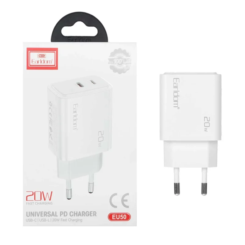 شارژر دیواری فست و PD دو پورت Earldom مدل EU50 20W - سفید - تصویر 2