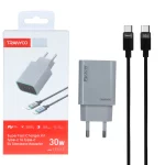 شارژر دیواری PD و فست دو پورت Tranyoo مدل T-EU13 C 30W به همراه کابل شارژ Type-C To Type-C - طوسی