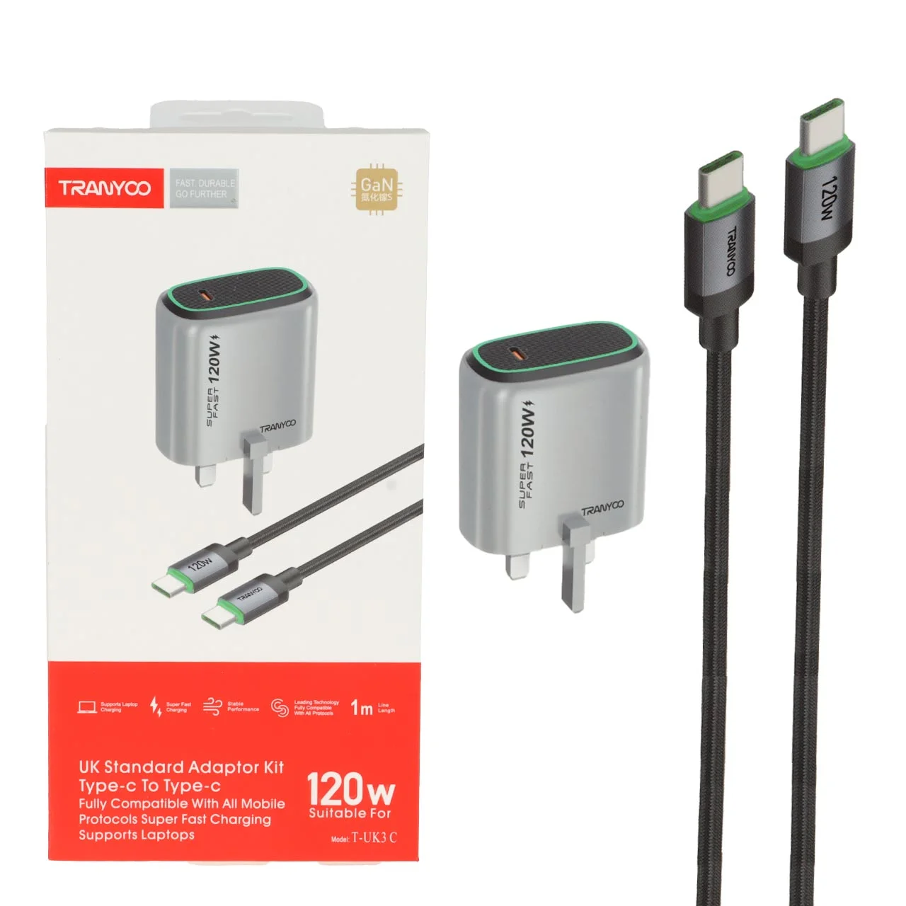 1585-1720486-1 شارژر دیواری PD و فست تک پورت Tranyoo مدل T-UK3 C 120W به همراه کابل شارژ Type-C To Type-C - طوسی - تصویر 1
