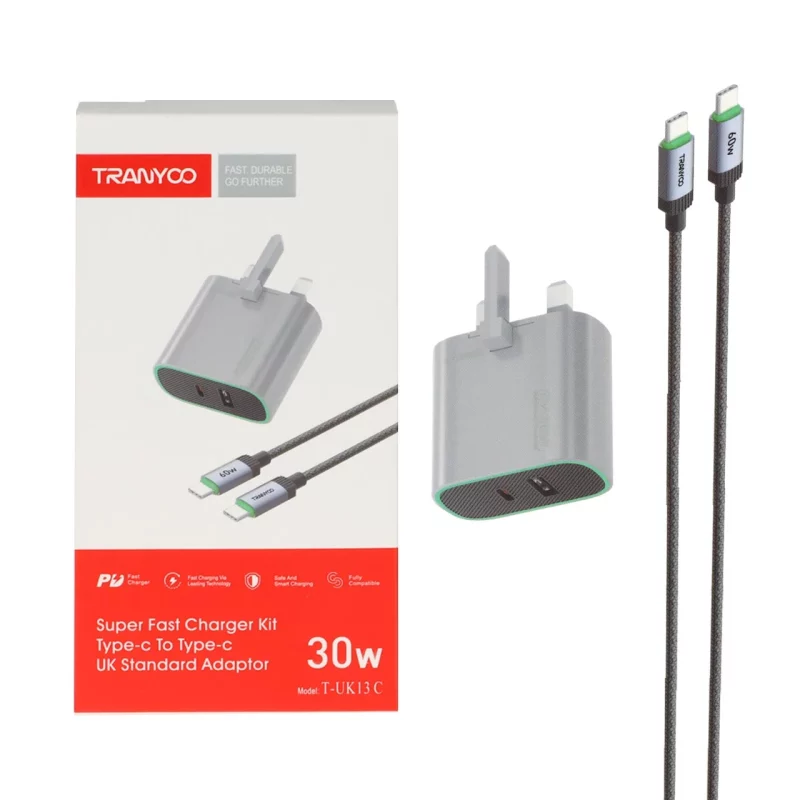 شارژر دیواری PD و فست دو پورت Tranyoo مدل T-UK13 C 30W به همراه کابل شارژ Type-C To Type-C - طوسی - تصویر 2
