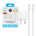شارژر دیواری سه پین PD و فست تک پورت ANKER مدل B2347K21 20W به همراه کابل شارژ Type-C To Type-C - سفید (گارانتی 18 ماهه شرکتی)