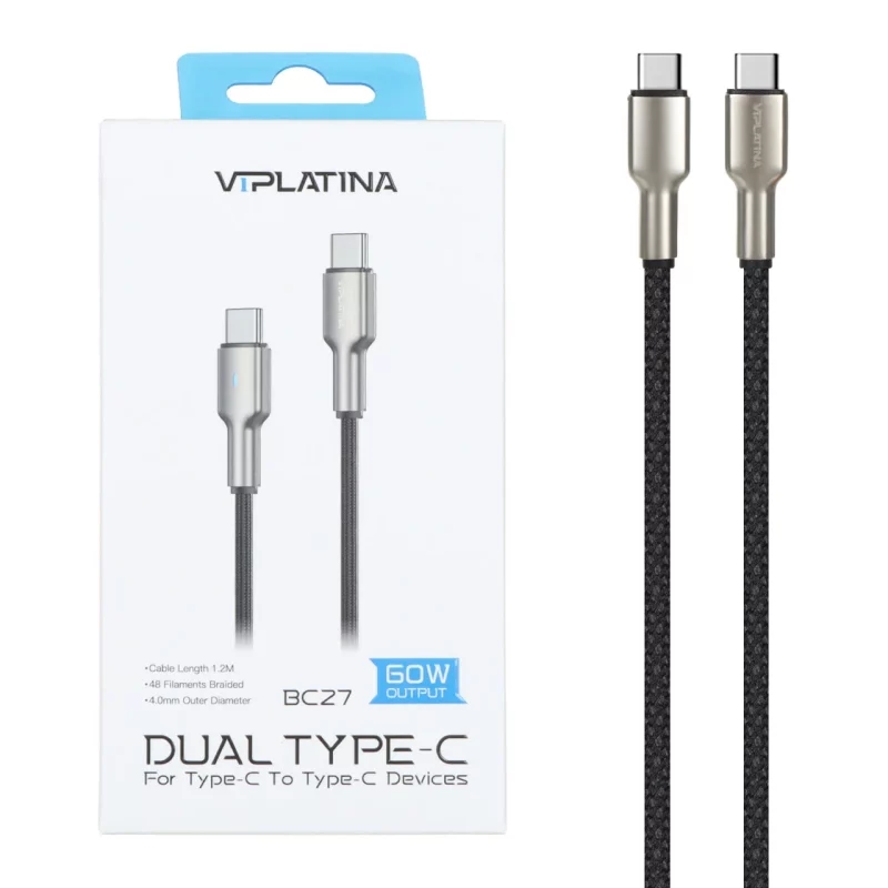 کابل شارژ فست VIPLATINA Type-C To Type-C مدل BC27 60W - مشکی (گارانتی 18 ماه تعویض نیکان همراه) - تصویر 2