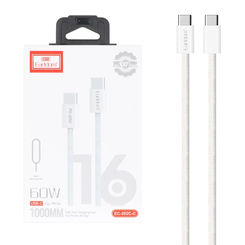 کابل شارژ PD و فست Earldom Type-C to Type-C مدل EC-202C-C 60W - سفید - تصویر 2