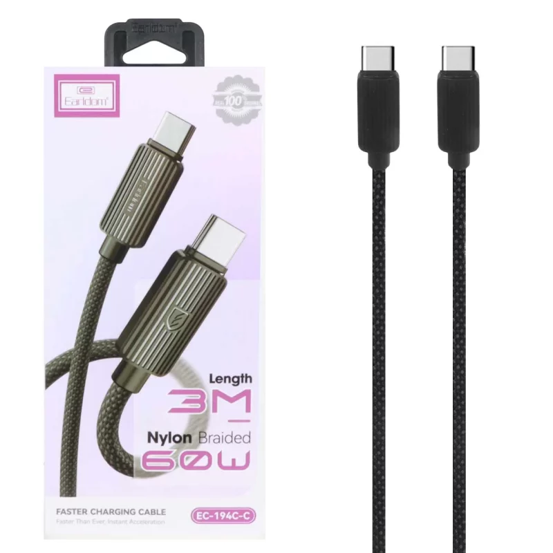 کابل شارژ و دیتا PD و فست کنفی 3 متری Earldom Type-C To Type-C مدل EC-194C-C 60W - مشکی - تصویر 2