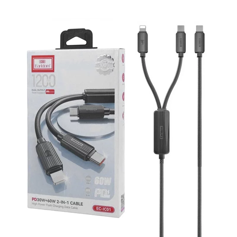کابل شارژ 2 کاره 1.2 متری PD و فست Earldom Type-C to Type-C & Lightning مدل EC-IC01 60W - مشکی - تصویر 2