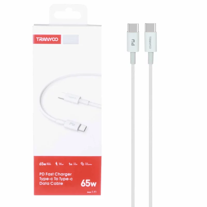 کابل شارژ PD و فست TRANYOO Type-C To Type-C 65W مدل T-P3 - سفید - تصویر 2