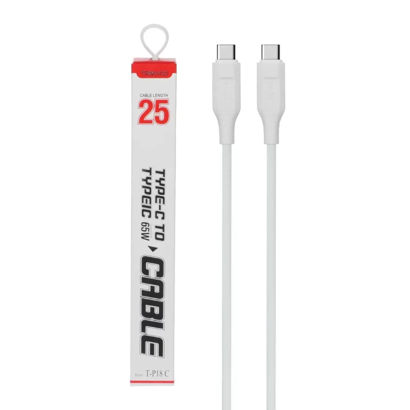 کابل شارژ فست پاوربانک TRANYOO Type-C to Type-C مدل T-P18C 65W- سفید - تصویر 2