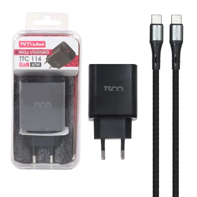 شارژر دیواری PD و فست دو پورت 67 وات Tsco مدل TTC 114 به همراه کابل شارژ Type-C To Type-C - مشکی (گارانتی 12 ماهه TSCO) - تصویر 2