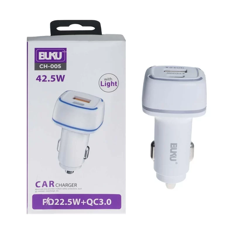 شارژر فندکی PD و فست دو پورت BUKU مدل CH-005 42.5W - سفید - MMS (گارانتی شش ماهه YA) - تصویر 2