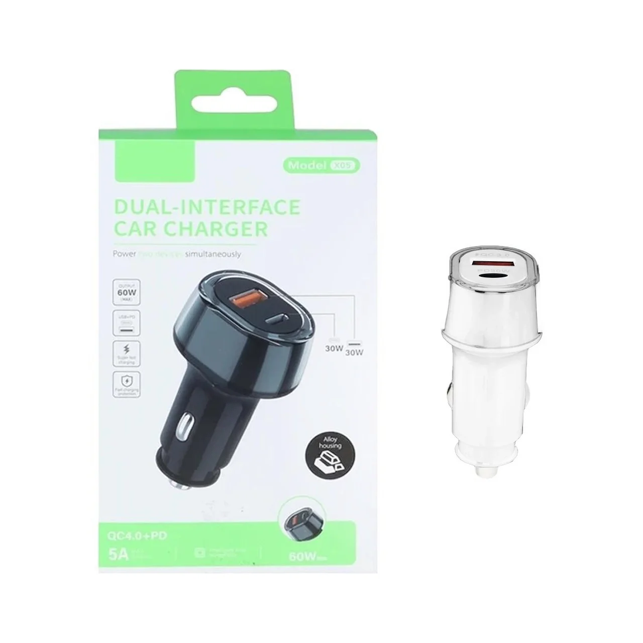 1585-4637898-1 شارژر فندکی PD و فست دو پورت مدل X05 60W - سفید - ASP (گارانتی شش ماهه آروین) - تصویر 1