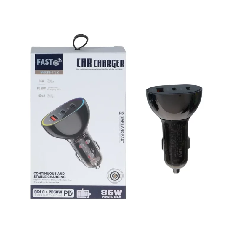 شارژر فندکی PD و فست سه پورت Fast مدل WKN-112 85W - مشکی - ASP (گارانتی شش ماهه آروین) - تصویر 2