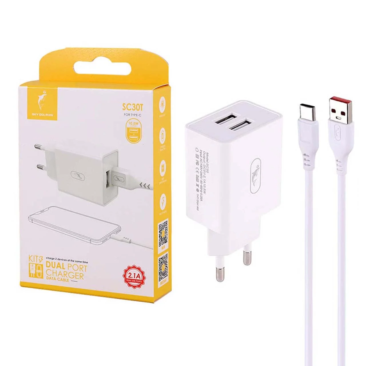 شارژر دیواری فست دو پورت SKY DOLPHIN مدل SC30T 10.5W به همراه کابل شارژ Type-C – سفید – TCO