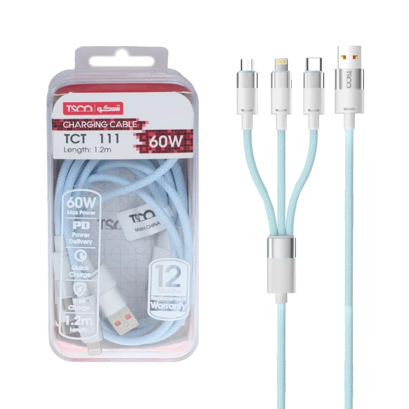کابل شارژ فست 1.2 متری سه کاره TSCO مدل TCT 111 60W - آبی - تصویر 2