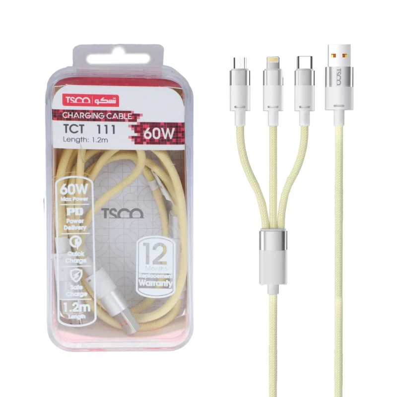 کابل شارژ فست 1.2 متری سه کاره TSCO مدل TCT 111 60W - زرد - تصویر 2