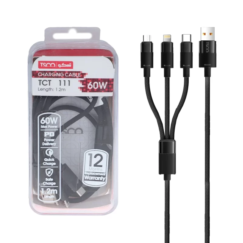 کابل شارژ فست 1.2 متری سه کاره TSCO مدل TCT 111 60W - مشکی - تصویر 2