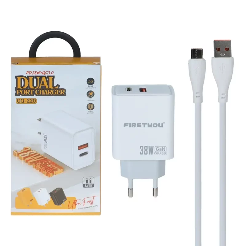 شارژر دیواری PD و فست دو پورت مدل GQ-220 38W به همراه کابل شارژ Type-C - سفید - RYL - تصویر 2