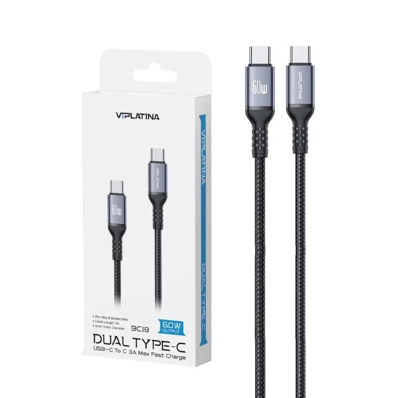 کابل شارژ PD و فست VIPLATINA Type-C To Type-C مدل BC18 60W - مشکی (گارانتی شش ماه تعویض نیکان همراه) - تصویر 2