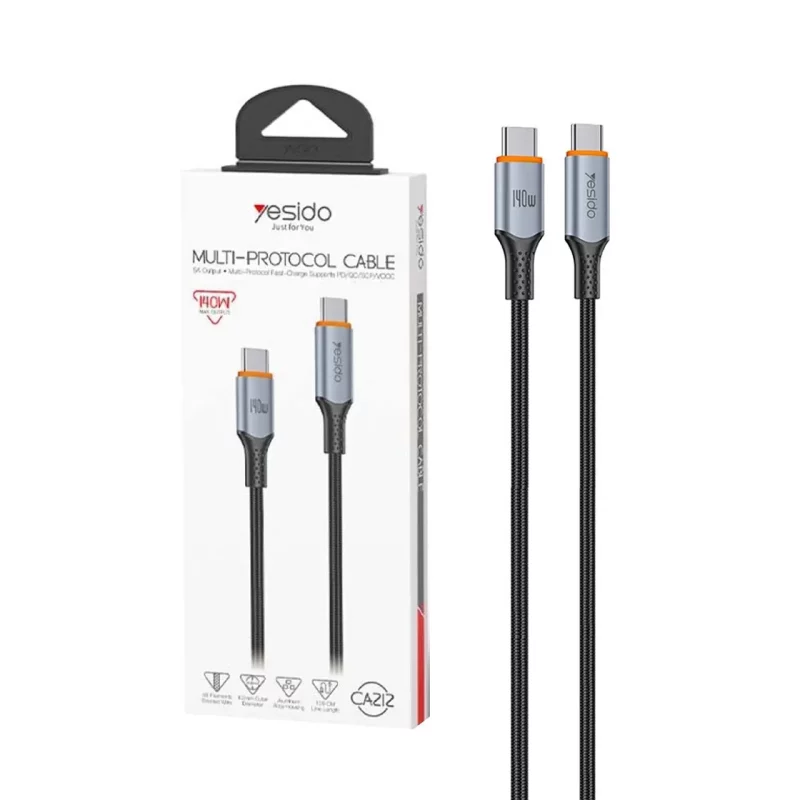 کابل شارژ 1.2 متری PD و فست Yesido Type-C To Type-C مدل CA212 140W - مشکی (گارانتی شش ماه تعویض نیکان همراه) - تصویر 2