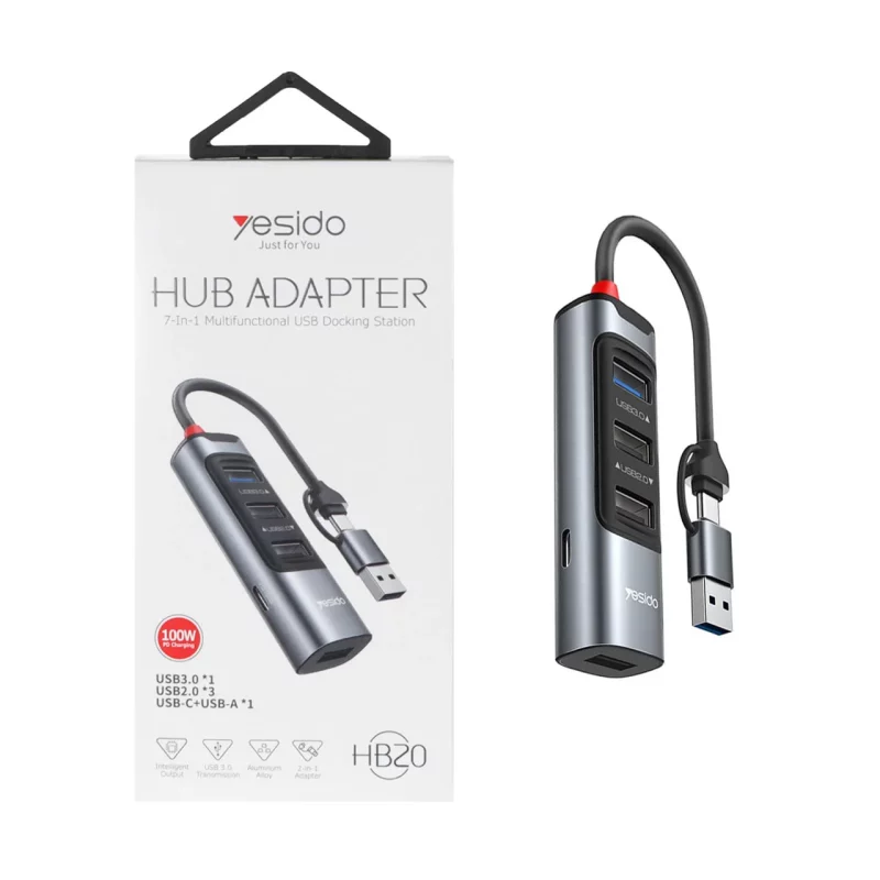 هاب 5 پورت Yesido USB Type-C مدل HB20 100W - خاکستری (گارانتی شش ماه تعویض نیکان همراه) - تصویر 2