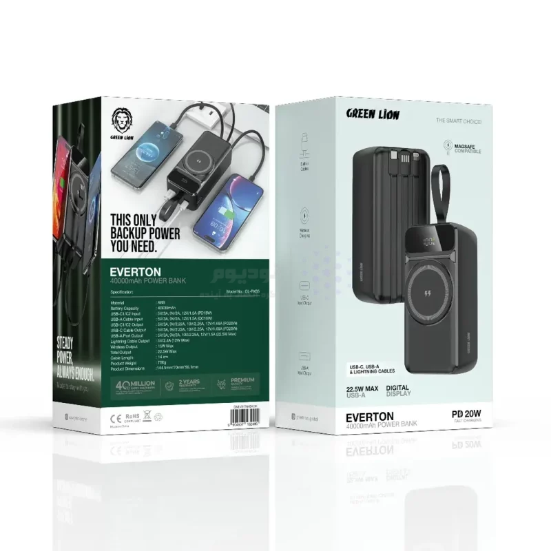 پاوربانک PD و فست شارژ Green Lion 20W 40000mAh مدل Everton GNEVRTN40KBK - مشکی (گارانتی 6 ماهه شرکتی) - تصویر 3
