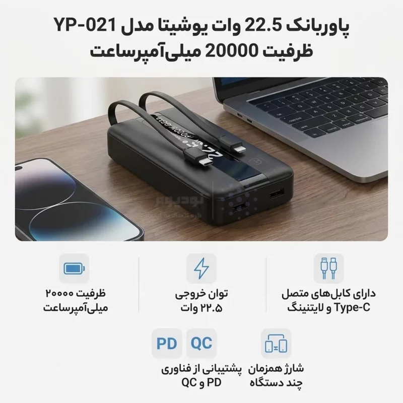 پاوربانک PD و فست شارژ Yoshita 22.5W 20000mAh مدل YP-021 - سفید - MMS (گارانتی 6 ماهه YA) - تصویر 6