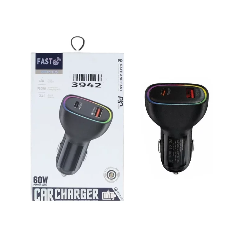 شارژر فندکی PD و فست دو پورت Fast مدل WKN-105 60W - مشکی - ASP (گارانتی شش ماهه آروین) - تصویر 2