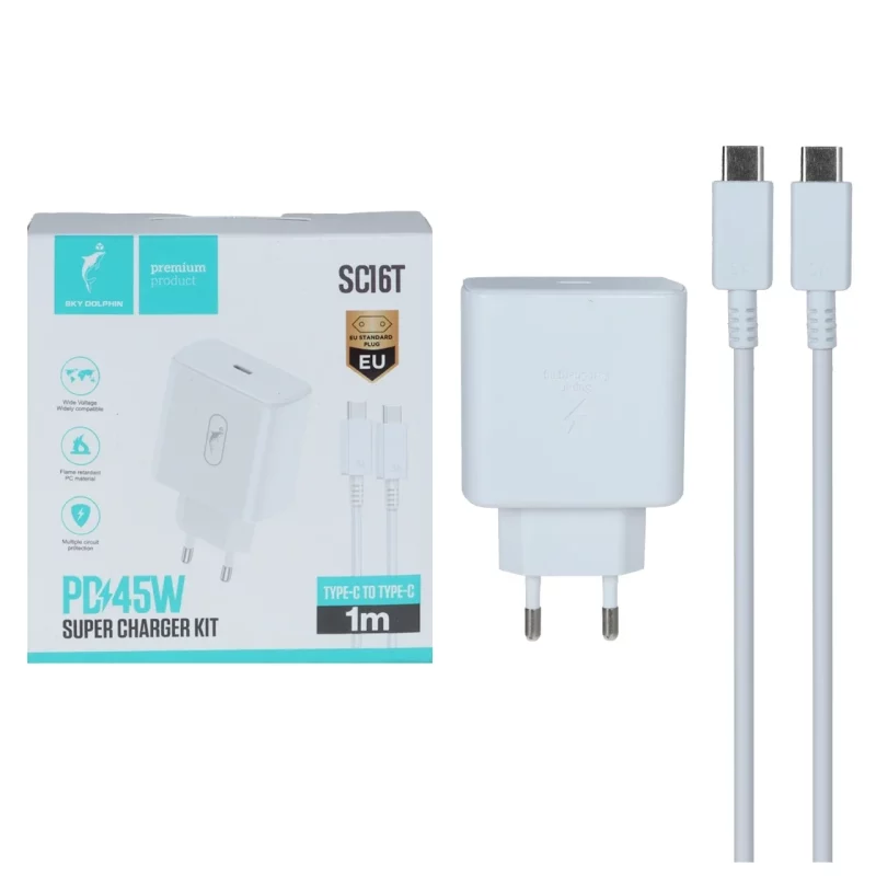 شارژر دیواری PD و فست تک پورت Sky Dolphin مدل SC16T 45W به همراه کابل شارژ Type-C To Type-C- سفید - TCO - تصویر 2