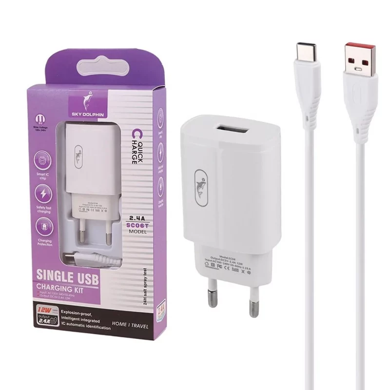 شارژر دیواری فست تک پورت Sky Dolphin مدل SC06T 12W به همراه کابل شارژ Type-C - سفید - TCO - تصویر 2