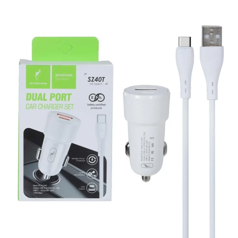 شارژر فندکی PD و فست دو پورت Sky Dophin مدل SZ40T 15W به همراه کابل شارژ Type-C - سفید - TCO - تصویر 2