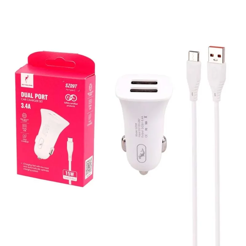 شارژر فندکی فست دو پورت Sky Dophin مدل SZ09T 15W به همراه کابل شارژ Type-C - سفید - TCO - تصویر 2