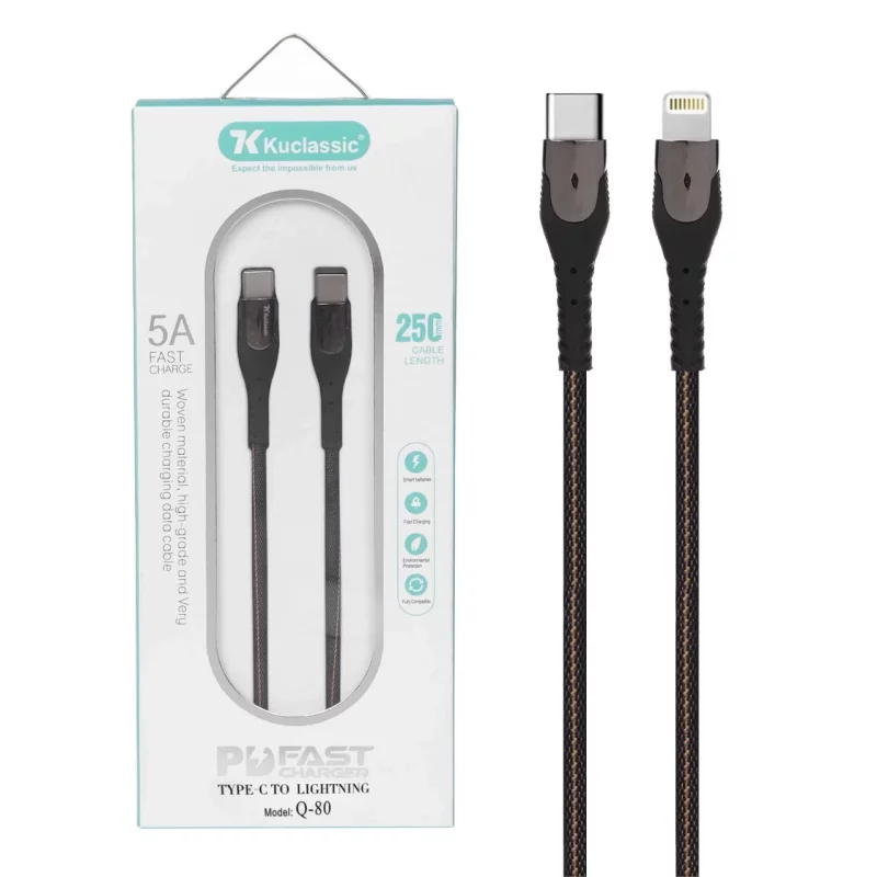 کابل شارژ PD و فست پاوربانک Kuclassic Type-C To Lightning مدل Q-80 - مشکی - ASP (گارانتی شش ماهه آروین) - تصویر 2