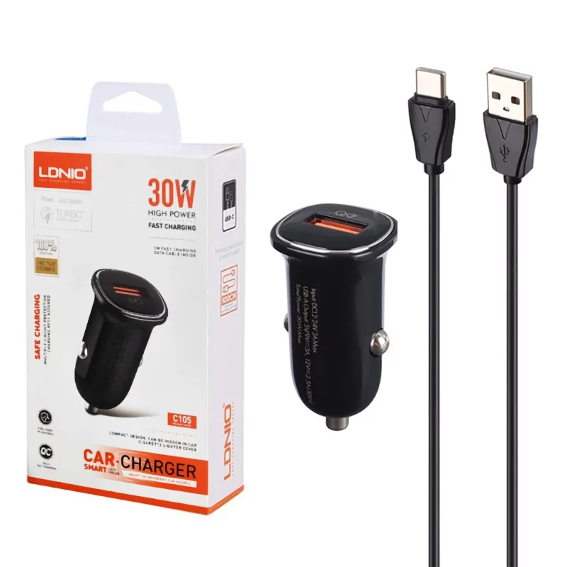 شارژر فندکی فست تک پورت LDNIO مدل C105 30W به همراه کابل شارژ Type-C - مشکی - تصویر 2
