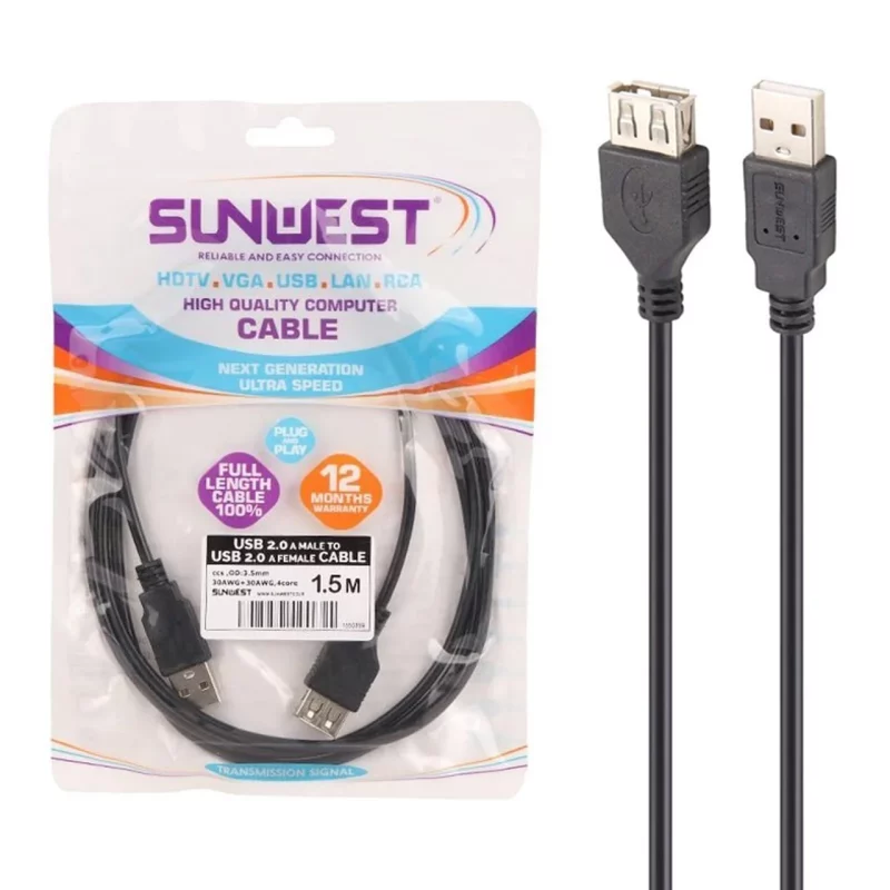 کابل افزایش طول 1.5 متری SunWest USB2.0 - مشکی - TCO - تصویر 2